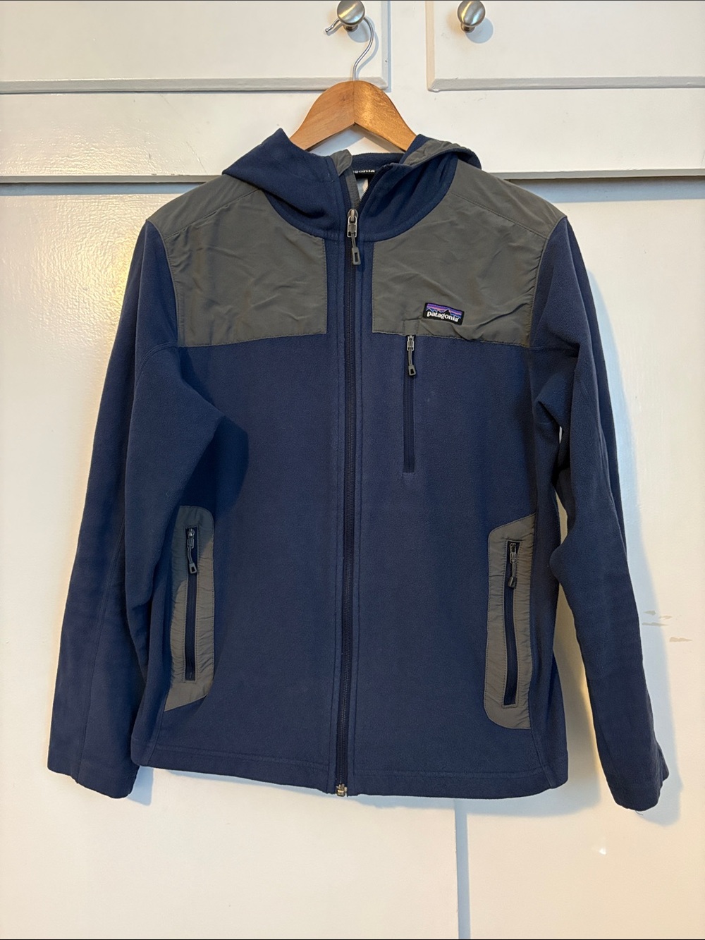 Patagonia Navy and Gray Hooded Fleece Jacket